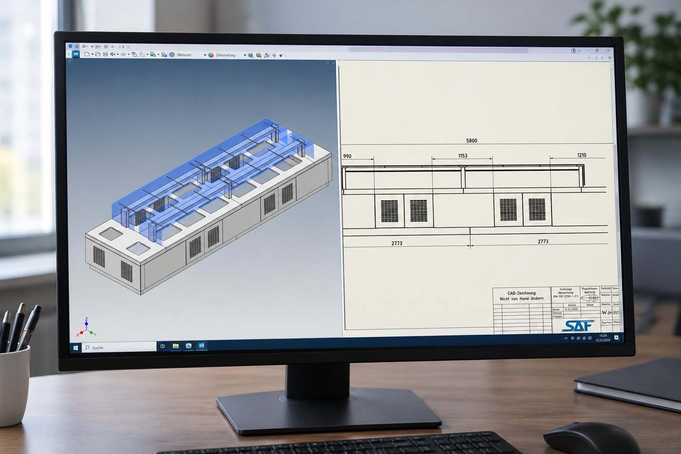 CAD-Arbeitsplatz mit 3D-Modell und technischer Zeichnung
